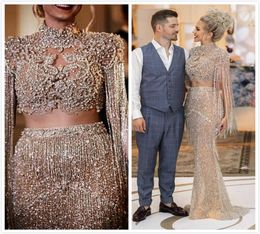 2019 ASO EBI Arabe Gold Luxurious Robes de soirée sexy cristaux perlées Sirène des robes de bal à paillettes deuxième receptio8158088