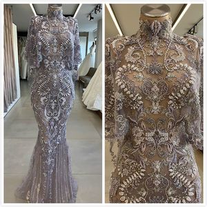 2019 Aso Ebi Arabe Sexy Luxueux Sirène Robes De Soirée Dentelle Perles Robes De Bal Col Haut Partie Formelle Deuxième Réception Robes Robe