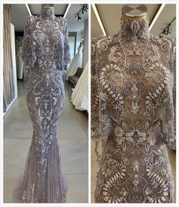 2019 ASO EBI Arabe Sexy Luxurious Sirène Robes de soirée en dentelle Perls Prom Robes High Neck Formal Party Deuxième Robes de réception 3535334