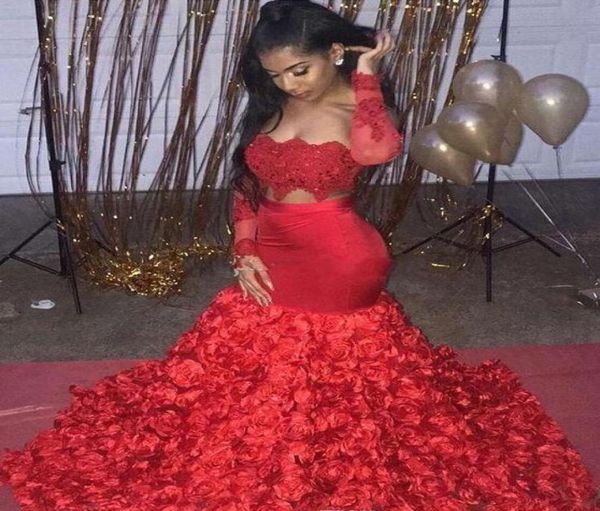 2019 Vestidos de fiesta estilo Aso Ebi Flores rosas en 3D para mujer Ropa de fiesta Sin respaldo Dubai Caftan Rojo Manga larga Vestido de noche de dos piezas 7443087