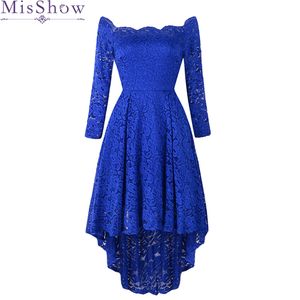 2019 robe de retour asymétrique bleu Royal manches 3/4 longueur de thé robe longue femmes graduation dentelle robes de retour