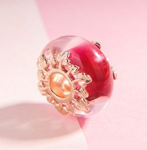 925 Sterling Silver Rose Vergulde Pink Murano Glass Leaves Charm Bead voor Europese Pandora Sieraden Armbanden