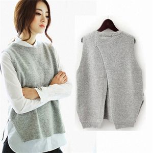 Autumn Cashmere Sweater Vest Dames Mouwloze O-Neck Back Cross Split Breaklover Vest Vrouwelijke jumper Pull Femme T190923