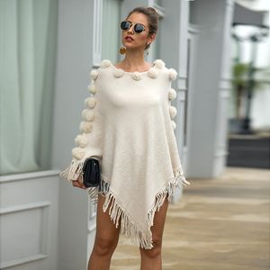 2019 otoño suéter de punto Poncho mujeres borla Poncho capas mujeres invierno largo suéter señoras Batwing mangas bufanda pulóver