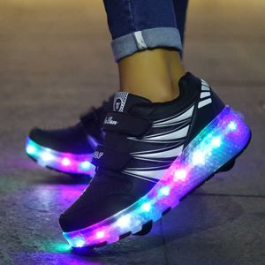 2019 Herfst nieuwe gloeiende sneakers met wielen voor jongensschoenen met wielen en lichten meisjes LED -schoenen met rolschaatsenschoenen x0719