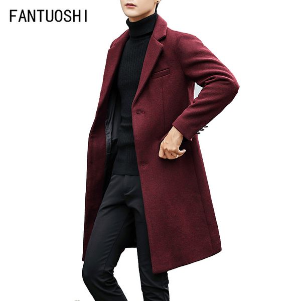 2019 automne nouveaux hommes longs manteaux grande taille Trench-Coat coréen Slim simple boutonnage revers col décontracté laine manteaux pour hommes Outwear