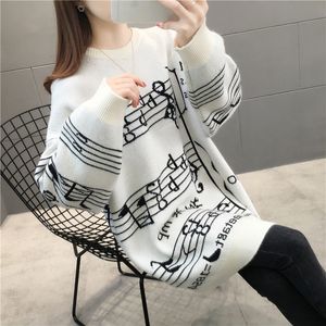 Automne nouvelles femmes à manches longues o-cou notes de musique imprimer moyen long lâche pull tricoté pull pulls tricots hauts