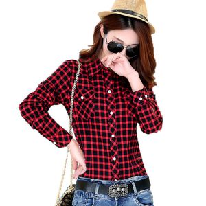 2019 herfst winter dames vrouwelijke casual katoen revers lange mouwen plaid shirt vrouwen slanke bovenkleding blouse tops kleding mx190714