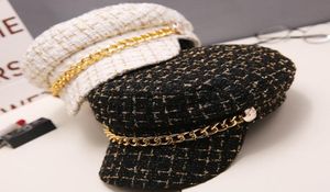 2019 Autumn Winter Tweed Chain Military Hat For Women Wool Flat Army Cap Salior Hat Girl Visor Travel Berets Plaid Newsboy Cap Y209771429