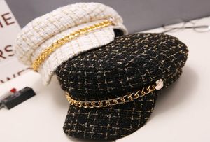 2019 Autumn Winter Tweed Chain Military Hat For Women Wool Flat Army Cap Salior Hat Girl Visor Travel Berets Plaid Newsboy Cap Y201528451