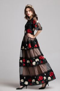 2019 Automne Robes de créateurs de piste pour femmes O Cou Manches 3/4 Broderie à plusieurs niveaux Fête de bal Floral Patchwork Élégant Longues Robes Maxi