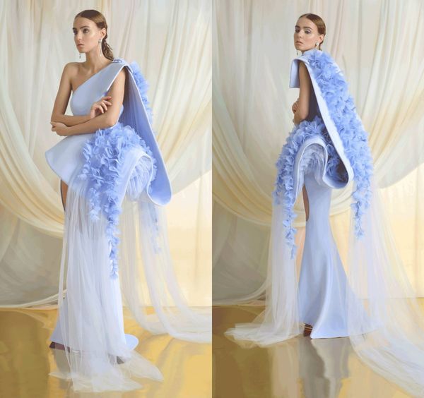 2019 Azzi Osta Bleu Robes De Bal Satin Dentelle 3D Floral Appliqued Une Épaule Robe De Soirée Magnifique Balayage Train Filles Pageant Robes