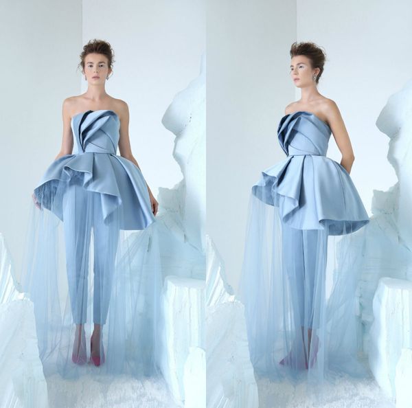 2019 AzziOsta Mode Femmes Combinaison Robes De Bal Sans Bretelles De Luxe Volants Organza Satin Sur Mesure Robe De Soirée Tenue De Soirée Robes De Filles