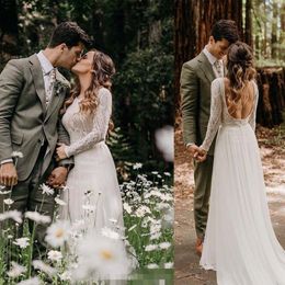 2019 robes de mariée de pays dos nu manches longues en dentelle appliquée encolure dégagée une ligne Boho mariage robe de mariée robe de mariée