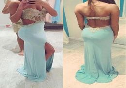 2019 Backless Prom Dress Mint Green Sweetheart Long kralen met Slit Evening Party Jurk Plus Size Vestidos de Festa1359040