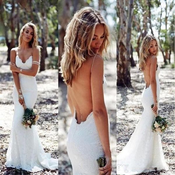 2019 Vestidos de novia sin espalda Sirena Correa de espagueti Vestido de novia de encaje completo sexy Barrido barato Espalda baja Vestido de novia blanco boho DT226G