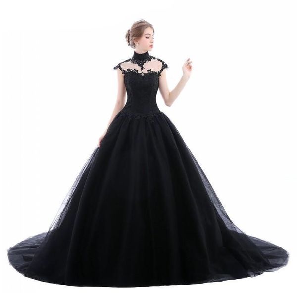 2019 Vestido de fiesta Vestidos de novia góticos negros Cuello alto Cordón de tul Corsé con cordones Espalda Mujeres Vestidos de novia no blancos con color Custo235S