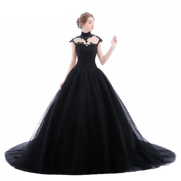 2019 Vestido de fiesta Vestidos de novia góticos negros Cuello alto Cordón de tul Corsé con cordones Volver Mujeres Vestidos de novia no blancos con color Custo264v