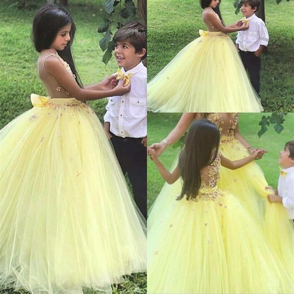 2019 vestido de bola flor amarilla vestidos de flores para niñas para boda lindo largo hasta el suelo flores 3D vestido de princesa Puffy Tulle215O