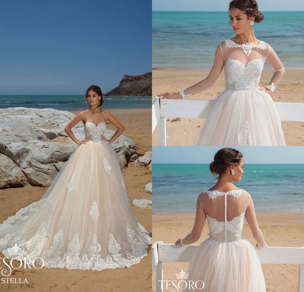 2019 robes de mariée de plage avec veste en dentelle à manches longues bijou cou appliques une ligne tulle pays robe de mariée robe de bal robe de Novia