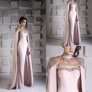 2019 robes de soirée sirène perlées avec Cape rose décolleté en coeur cristal femmes robes de bal grande taille robe formelle