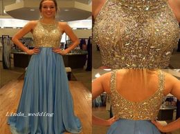 2019 Beautiful Blue Prom Dress Luxury A Line Chiffon Backless kristallen Kristallen avond feestjurk plus size vestidos de festa6080877