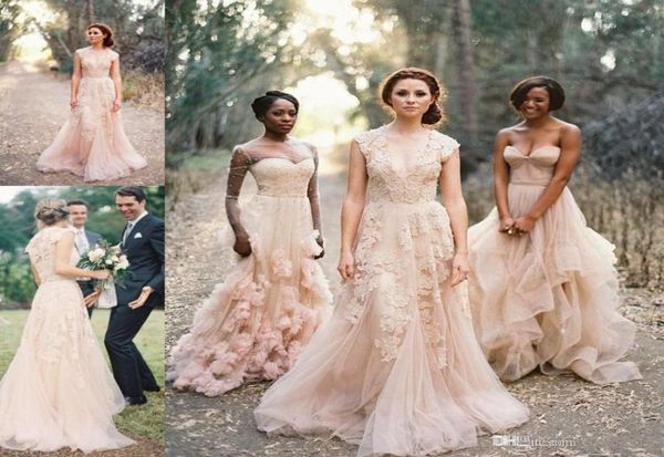 2019 Belle robe de mariée appliquée en dentelle rose clair
