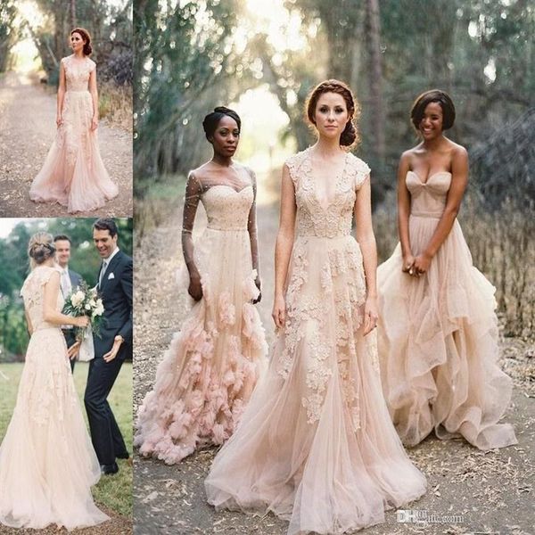 2019 belle rose clair Vintage Dentelle Appliqued Robes De Mariée Sexy Col En V Sheer Dos A-Line Robes De Mariée Tribunal Train Tulle Bri296G