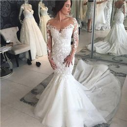 2020 belles robes de mariée sirène encolure dégagée à manches longues en dentelle appliques perles robe de mariée à plusieurs niveaux tulle chapelle train robes de mariée