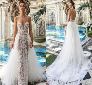 2019 Berta Lace Wedding Jurken met afneembare trein pure juweel Backless Mermaid Bridal Dress Handcrafts kralen plus size Weddin9128033