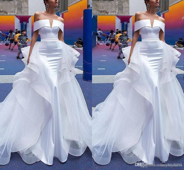 2019 Berta sirène robes de mariée train détachable hors épaule mancherons plis dos ouvert plage robe de mariée robes de mariée sur mesure