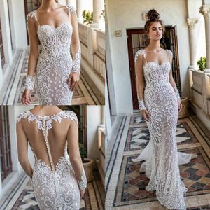 2019 Berta sirène robes de mariée encolure dégagée dentelle Applique bouton dos balayage train à manches longues robes de mariée robe de mariée sexy 265o