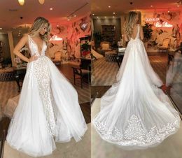 2019 berta zeemeermin trouwjurken met afneembare trein sweep trein kant applicaties strand trouwjurk v-hals backless vestidos de novia