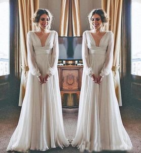 2019 superventas vestido de novia bohemio manga larga modesto cuello en V gasa imperio maternidad mujeres vestidos de novia estilo griego