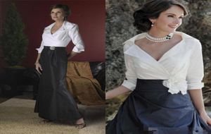 2019 Madre de la novia en blanco y negro Novio con cuello en V por encargo Tallas grandes Vestido formal Vestido de noche Manga larga Hasta el suelo A4134822