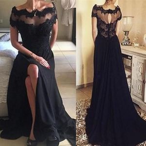 2019 zwarte chiffon een lijn korte mouw avondjurken kant appliques sexy kant split prom jurken vestido de noche formele feestjurken