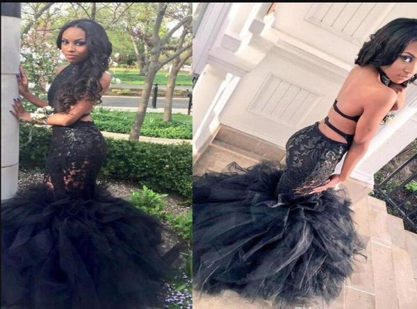 2019 Black Girls Mermaid Vestidos de fiesta Halter Applicio de encaje transparente Sexy Cebarrada Cabalada Cabalde SkirT Vestidos formales Vestidos 4128915