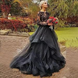 2019 Vestidos de Noiva Pretos Góticos Mangas Compridas Renda Decote Babados Tule Vestido de Baile Duas Peças Vestidos de Noiva Elegante Casamento Go262y