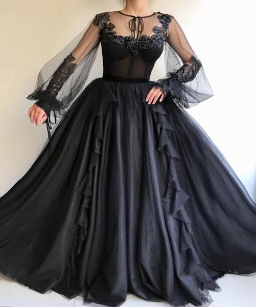 2019 robes de mariée gothiques noires avec robe de bal à manches longues robes de mariée noires non blanches pour mariage non traditionnel sur mesure 3769916