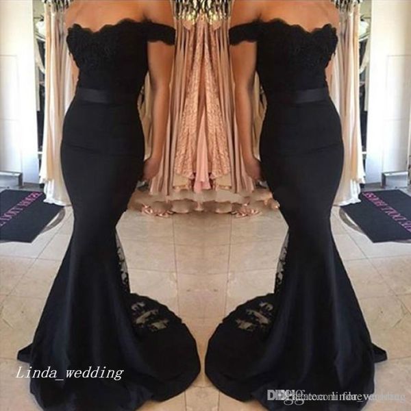 Vestido de dama de honor negro junior 2019 sirena fuera del hombro Lace Drama de honor Partido de bodas Vestidos Vestidos Damas de Hon 275k