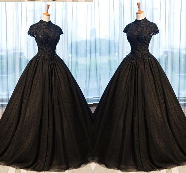 2022 Vestidos de noche de encaje negro Vestidos de baile Apliques de cuello alto Con cuentas Imperio Cintura Princesa Vestidos de baile Vestido de graduación Mujeres Tallas grandes