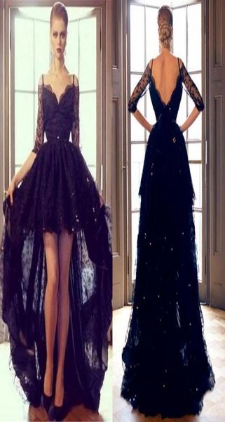 2019 Black Lace Hi Lo Night Vestidos formales Sequinas Sexy Off Shoulder Half Mangas de Munas de Prom Vestido2717157