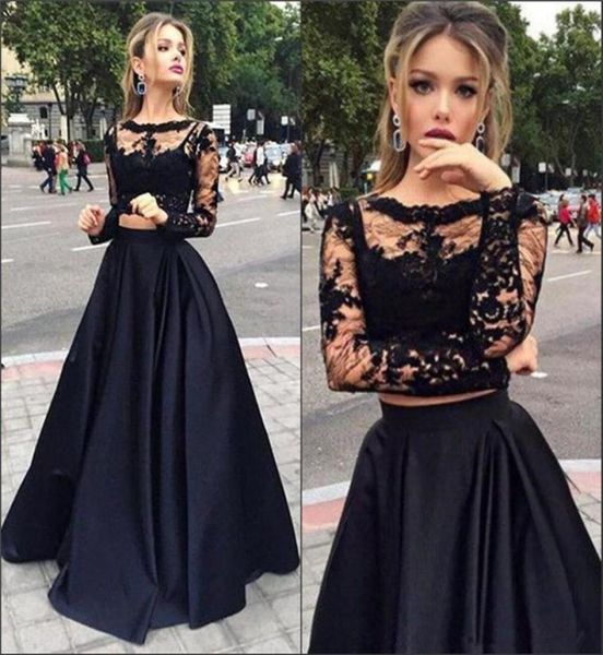 2019 Black Lace Top Dos piezas vestidos de fiesta de fiesta con mangas largas Sexy Sheer Longitud de la noche vestidos de noche baratos 3896137