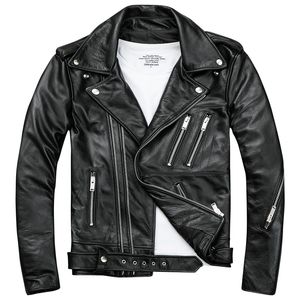 Chaquetas de cuero de motorista negro para hombre, abrigos con doble cremallera diagonal, piel de vaca, corte ajustado, abrigos cortos para motocicleta, Tops para hombre