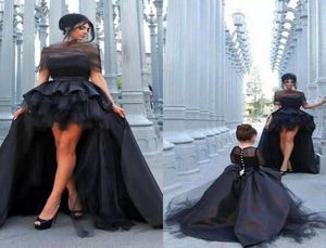 2019 Black Mother and Daughter Matching -jurken voor prom -topkwaliteit Ruches Hoge lage rok satijn en tule lange mouwen kinderen pagea1953090