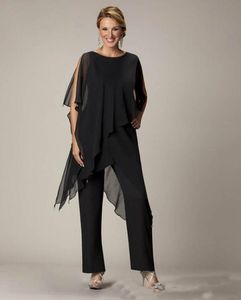 2019 zwarte moeder's broek pak juweelhuls met onregelmatige jas plus size broek pakken chiffon formele avondjurk