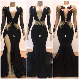 2019 zwarte pure v-hals zeemeermin prom jurken lange mouwen hoge split kant zwart met gouden kant applique avondjurken formalen dragen goedkoop