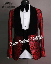 2019 zwart fluwelen revers heren pakken rode groomsmen 3 stuks tuxedos kostuum slim fit formele prom partij mannen bruiloft bruidegom pakken x0909