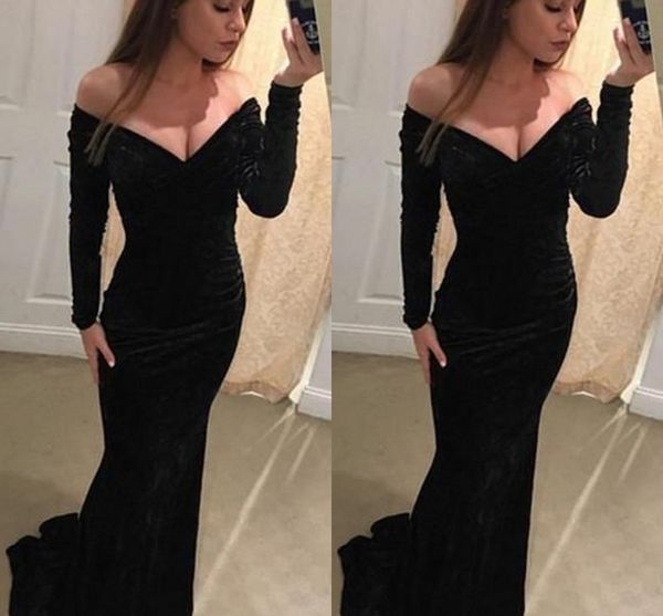 2019 robes à manches longues en velours noir tenue de soirée sur l'épaule style sirène robes de bal robe d'occasion spéciale pour les femmes robe de soirée