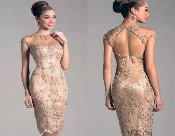 2019 Bling Bling Vestidos sexy para madre de la novia Joya Cuello transparente Espalda abierta Sirena Apliques de encaje Hasta la rodilla Vestidos de cóctel 3623495